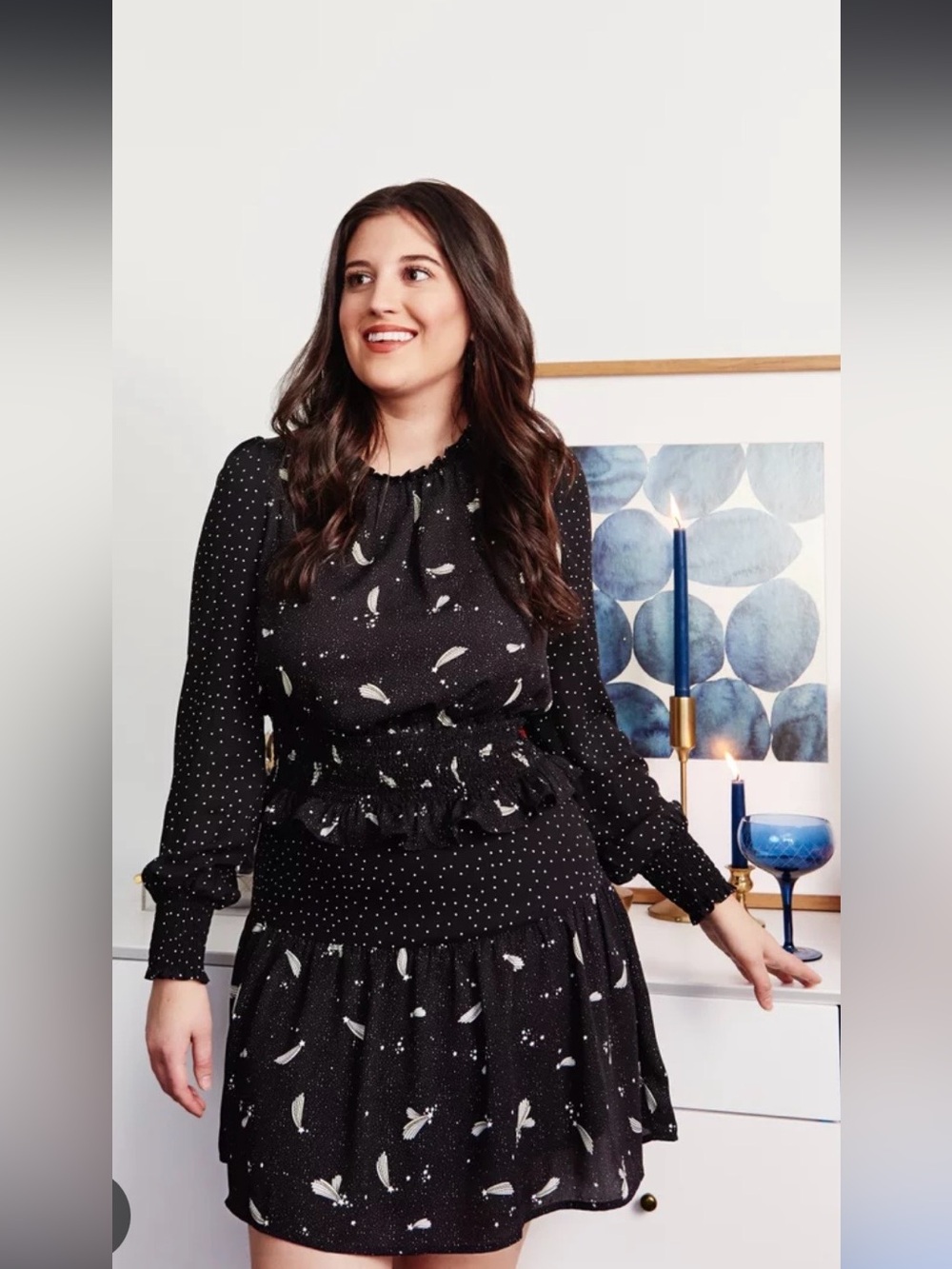 POPSUGAR Black Long-Sleeve Printed Tiered Mini Dress